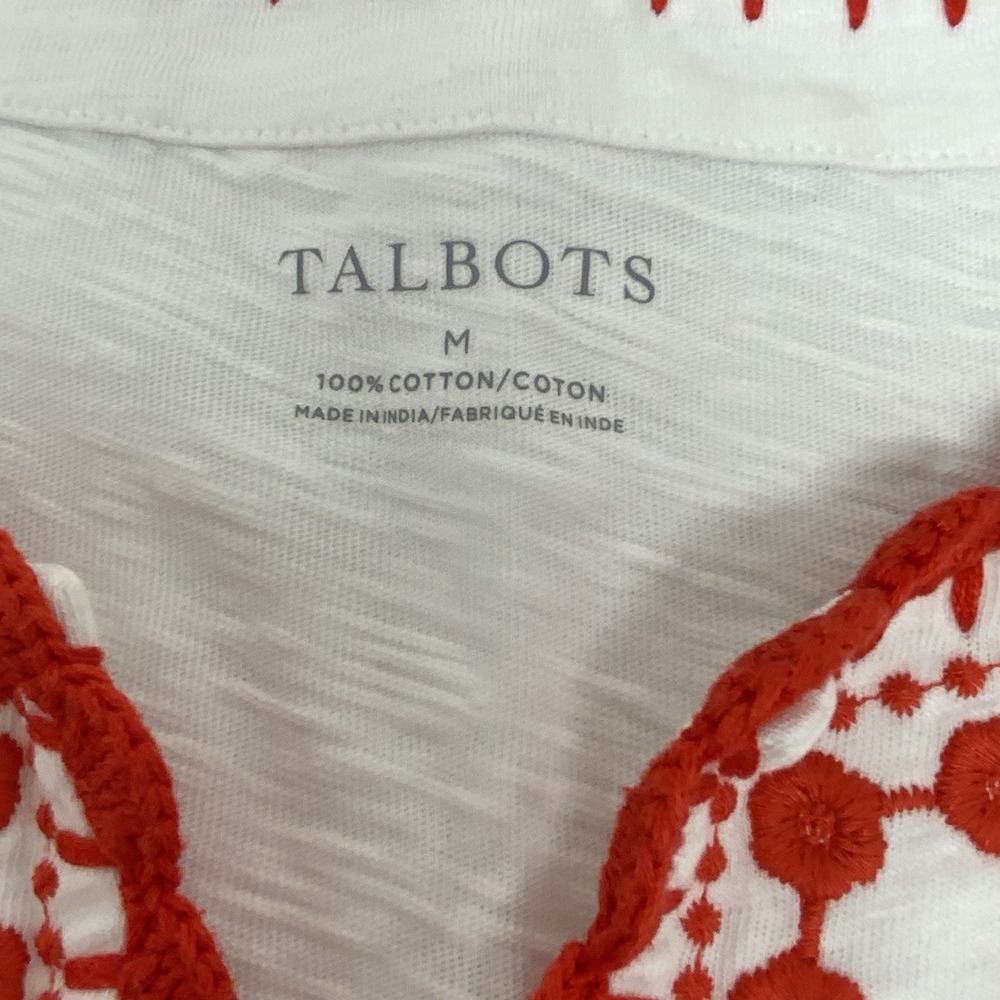 Talbots Womens Medium Top Red White Embroidered Floral Palm Tee Short Sleeve - Picture 11 of 12
